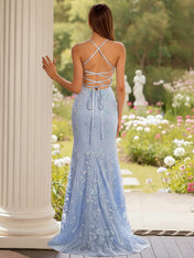 Blue Floral Corset Bodice Spaghetti Straps Lace Applique Prom Dress