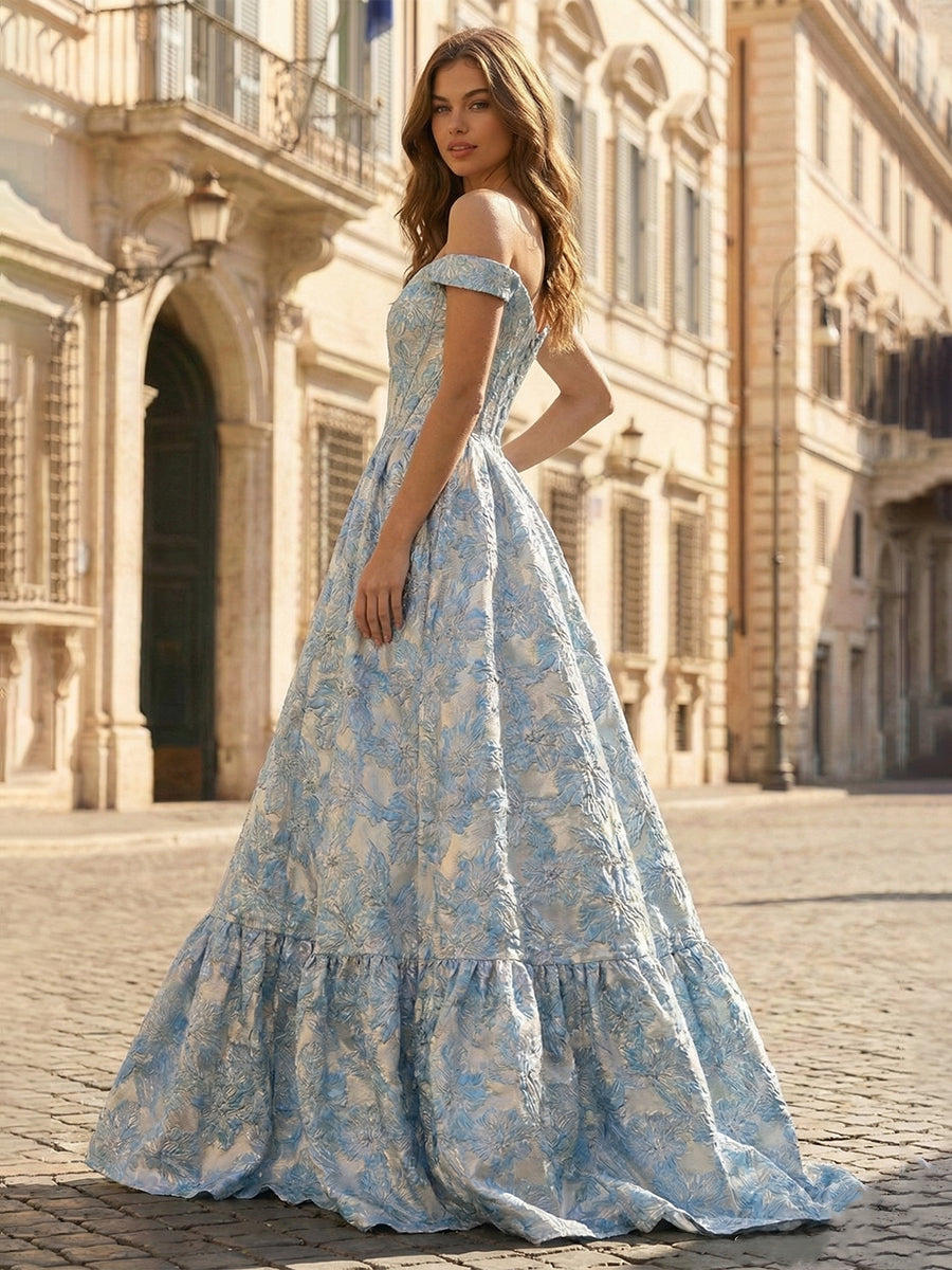 Dreamylily Prom Dress Blue Floral Jacquard Off-the-Shoulder Corset Evening Gown Ball Gown Dreamylily Prom Dress Blue Floral Jacquard Off-the-Shoulder Corset Evening Gown Ball Gown