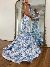 Blue Floral Mermaid V Neck Prom Dress with Tie-Shoulder Bow Straps