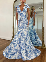 Blue Floral Mermaid V Neck Prom Dress with Tie-Shoulder Bow Straps