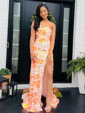 Blue Floral Pattern One-Shoulder Sequin Prom Dress with High Slit
