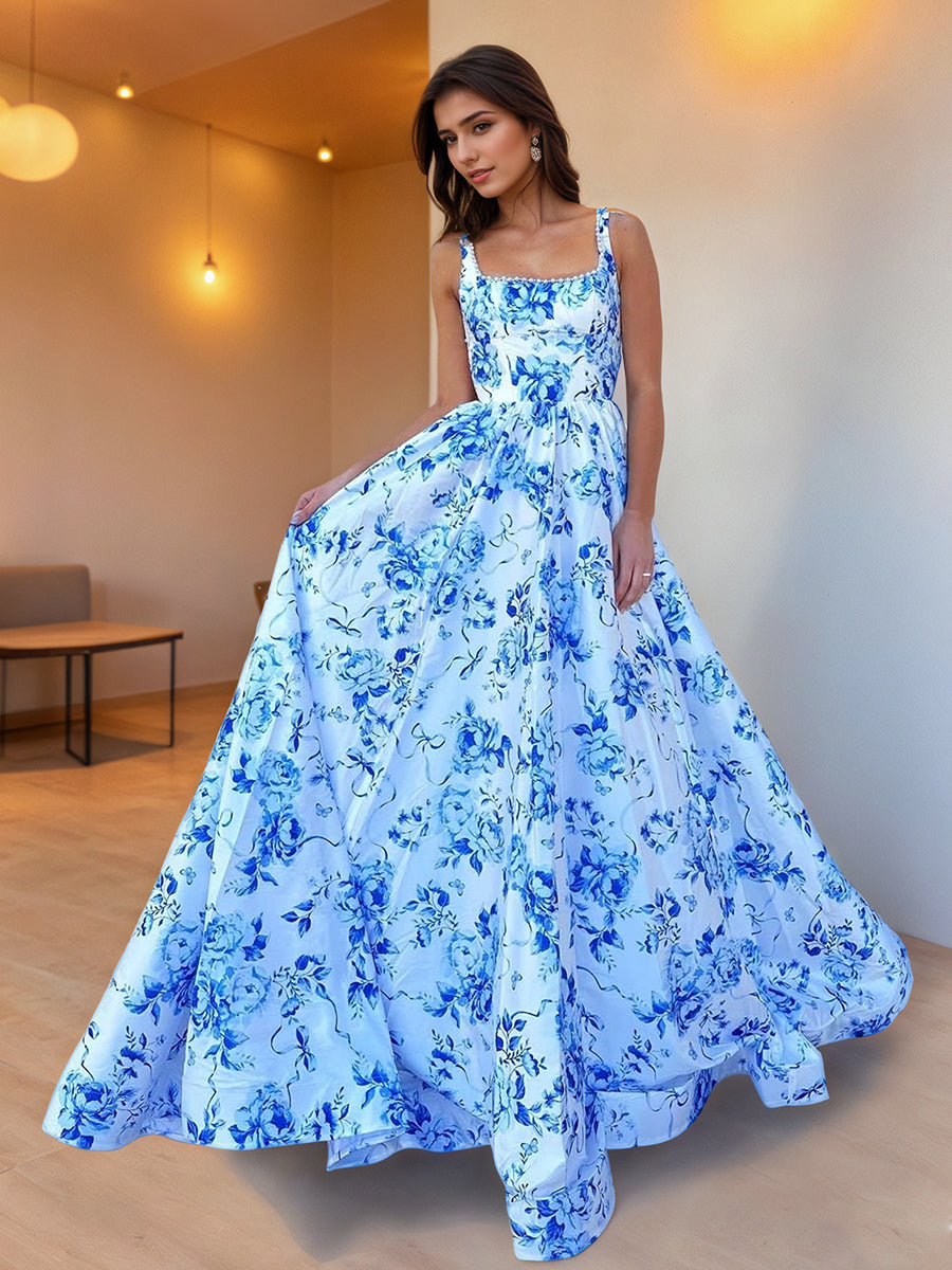 Blue Floral Print Satin Square Neckline A-Line Prom Dress