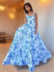 Blue Floral Print Satin Square Neckline A-Line Prom Dress