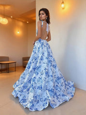 Blue Floral Print Satin Square Neckline A-Line Prom Dress