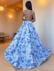 Blue Floral Print Satin Square Neckline A-Line Prom Dress