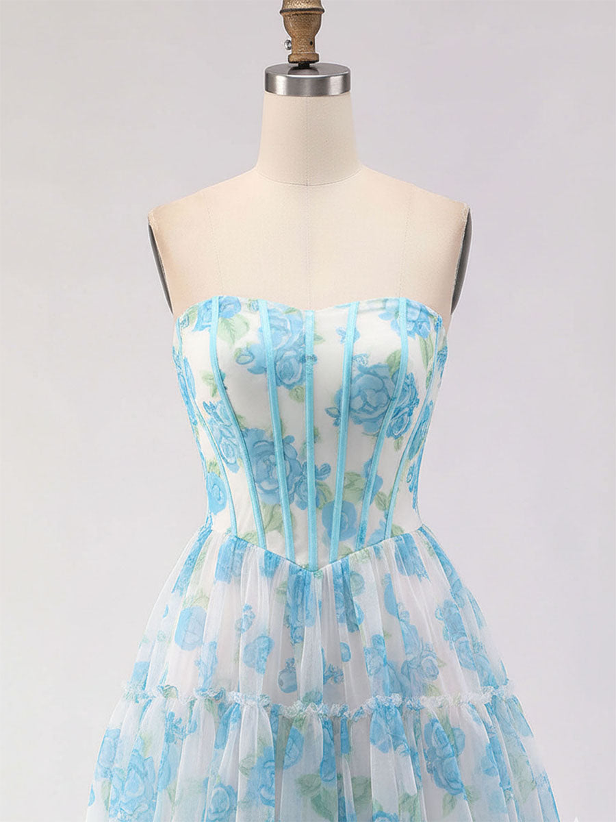 Blue Floral Print Strapless Corset Tiered A-Line Prom Dress