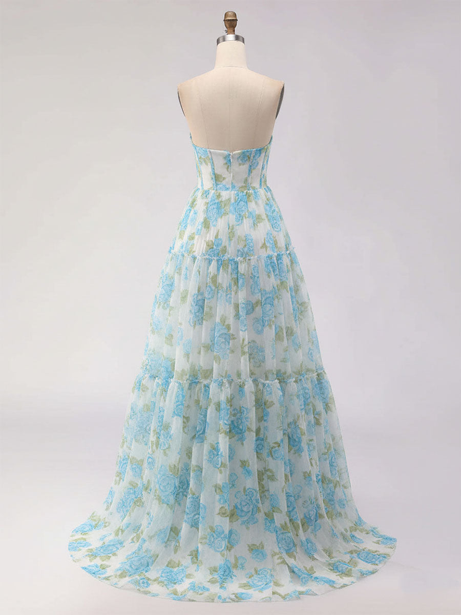 Blue Floral Print Strapless Corset Tiered A-Line Prom Dress