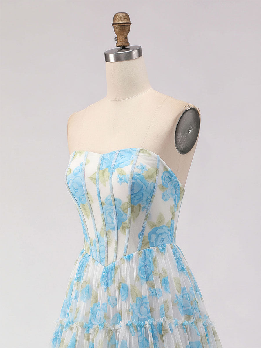 Blue Floral Print Strapless Corset Tiered A-Line Prom Dress