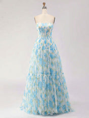 Blue Floral Print Strapless Corset Tiered A-Line Prom Dress