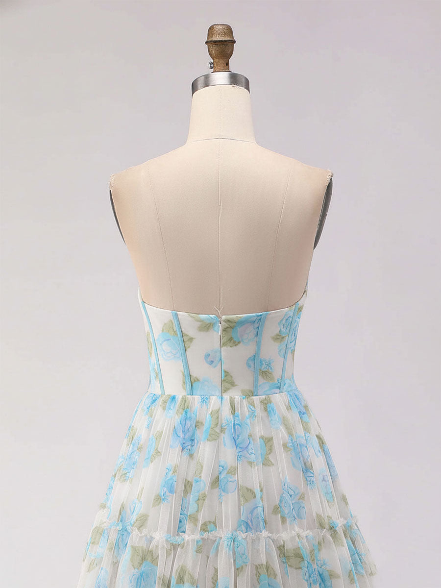 Blue Floral Print Strapless Corset Tiered A-Line Prom Dress
