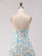 Blue Floral Print Strapless Corset Tiered A-Line Prom Dress