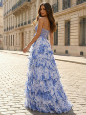 Blue Floral Spaghetti Straps Tiered Ruffle Prom Dress with Thigh-High Slit