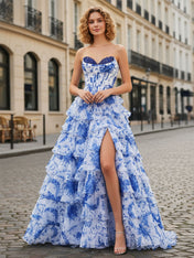 Blue Floral Strapless Chiffon Ruffle Corset Prom Dress with Slit