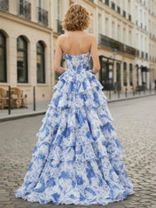 Blue Floral Strapless Chiffon Ruffle Corset Prom Dress with Slit