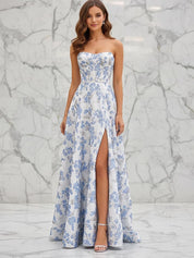 Blue Floral Strapless Corset Prom Dress with Slit