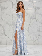 Blue Floral Strapless Corset Prom Dress with Slit