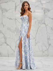 Blue Floral Strapless Corset Prom Dress with Slit