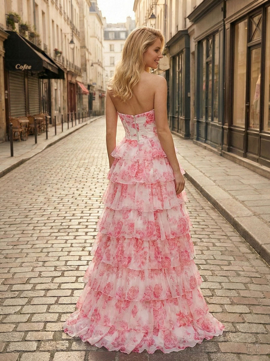 Blue Floral Strapless Tiered Ruffle Corset Prom Dress with Slit