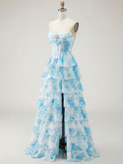 Blue Floral Strapless Tiered Ruffle Corset Prom Dress with Slit