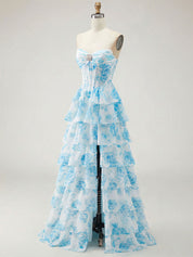 Blue Floral Strapless Tiered Ruffle Corset Prom Dress with Slit