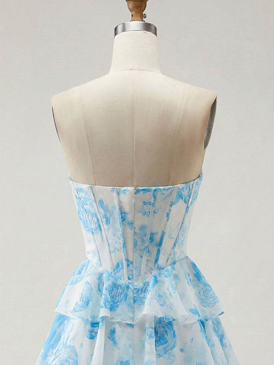 Blue Floral Strapless Tiered Ruffle Corset Prom Dress with Slit