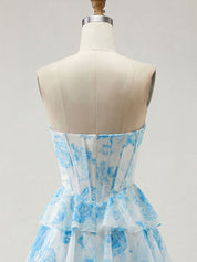 Blue Floral Strapless Tiered Ruffle Corset Prom Dress with Slit