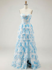 Blue Floral Strapless Tiered Ruffle Corset Long Prom Dress with Slit