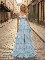 Blue Floral Strapless Tiered Ruffle Corset Prom Dress with Slit