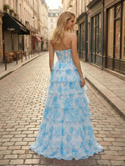 Blue Floral Strapless Tiered Ruffle Corset Prom Dress with Slit