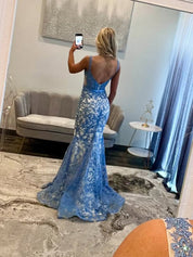 Blue Floral Sweetheart Spaghetti Straps Corset Prom Dress