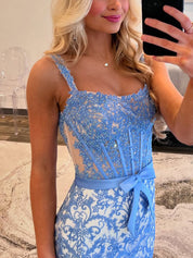Blue Floral Sweetheart Spaghetti Straps Corset Prom Dress