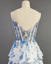 Blue Floral Tiered Ruffle Beaded Corset Long Prom Dress with Slit