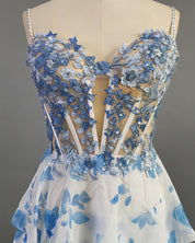 Blue Floral Tiered Ruffle Beaded Corset Long Prom Dress with Slit