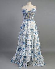 Blue Floral Tiered Ruffle Beaded Corset Long Prom Dress with Slit