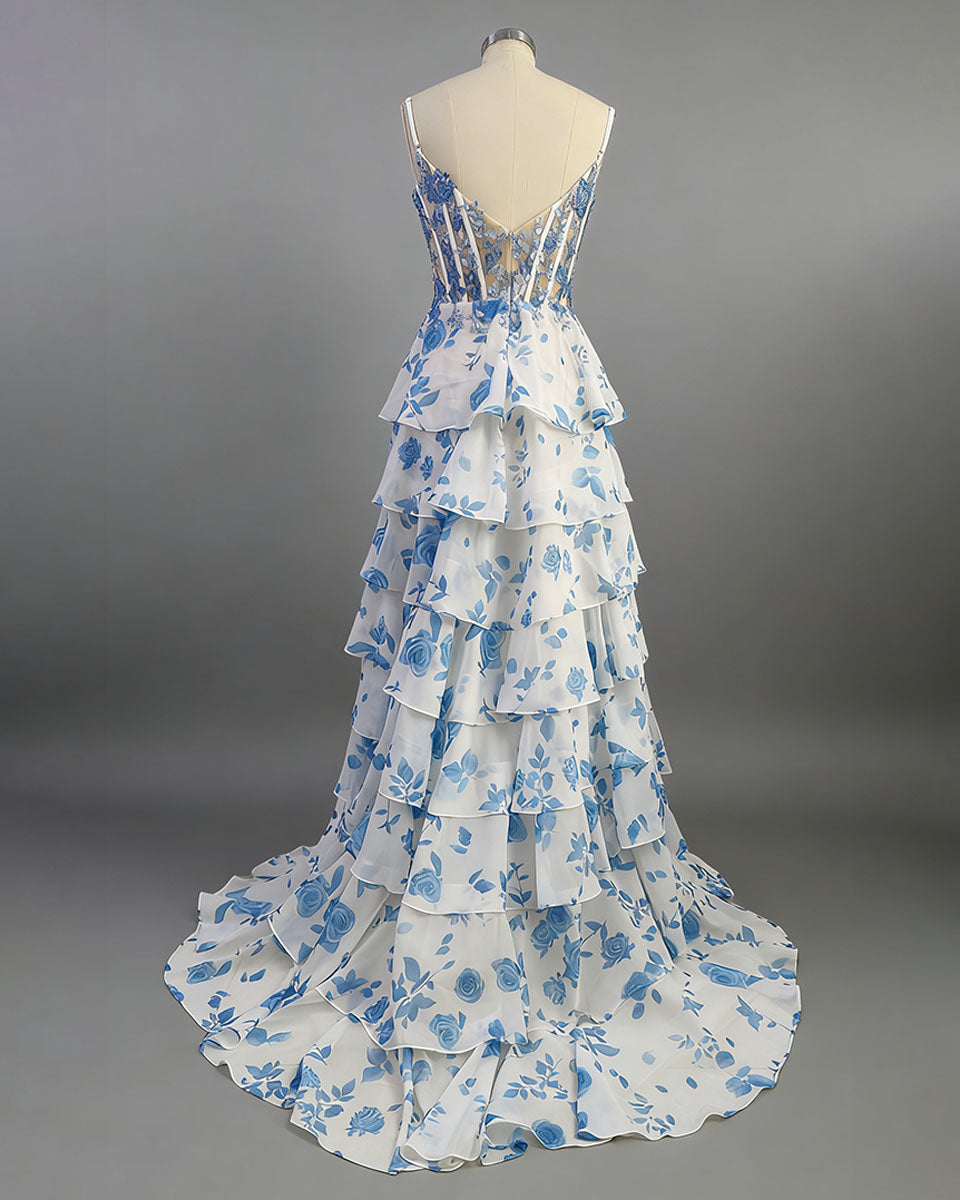 Blue Floral Tiered Ruffle Beaded Corset Long Prom Dress with Slit