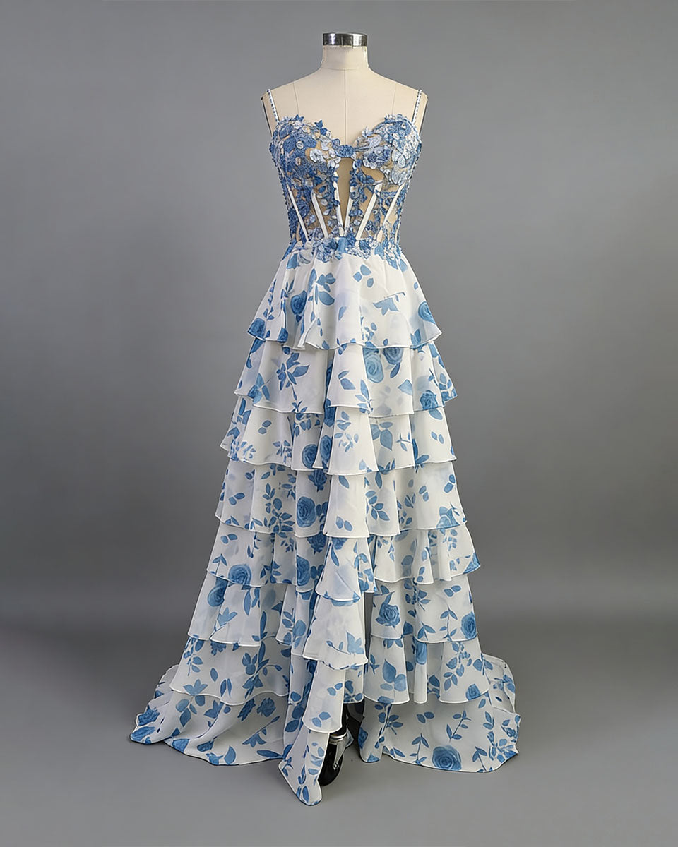 Blue Floral Tiered Ruffle Beaded Corset Long Prom Dress with Slit