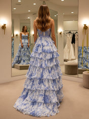 Blue Floral Spaghetti Straps Print Tiered A-Line Prom Dress