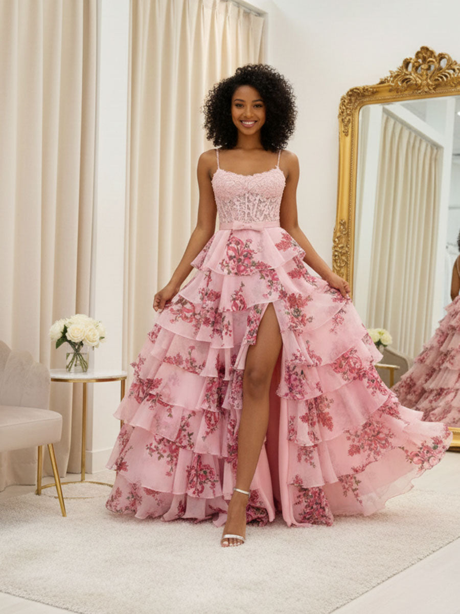 Blue Floral Tiered Ruffles High-Low Prom Dress with Beaded Bodice