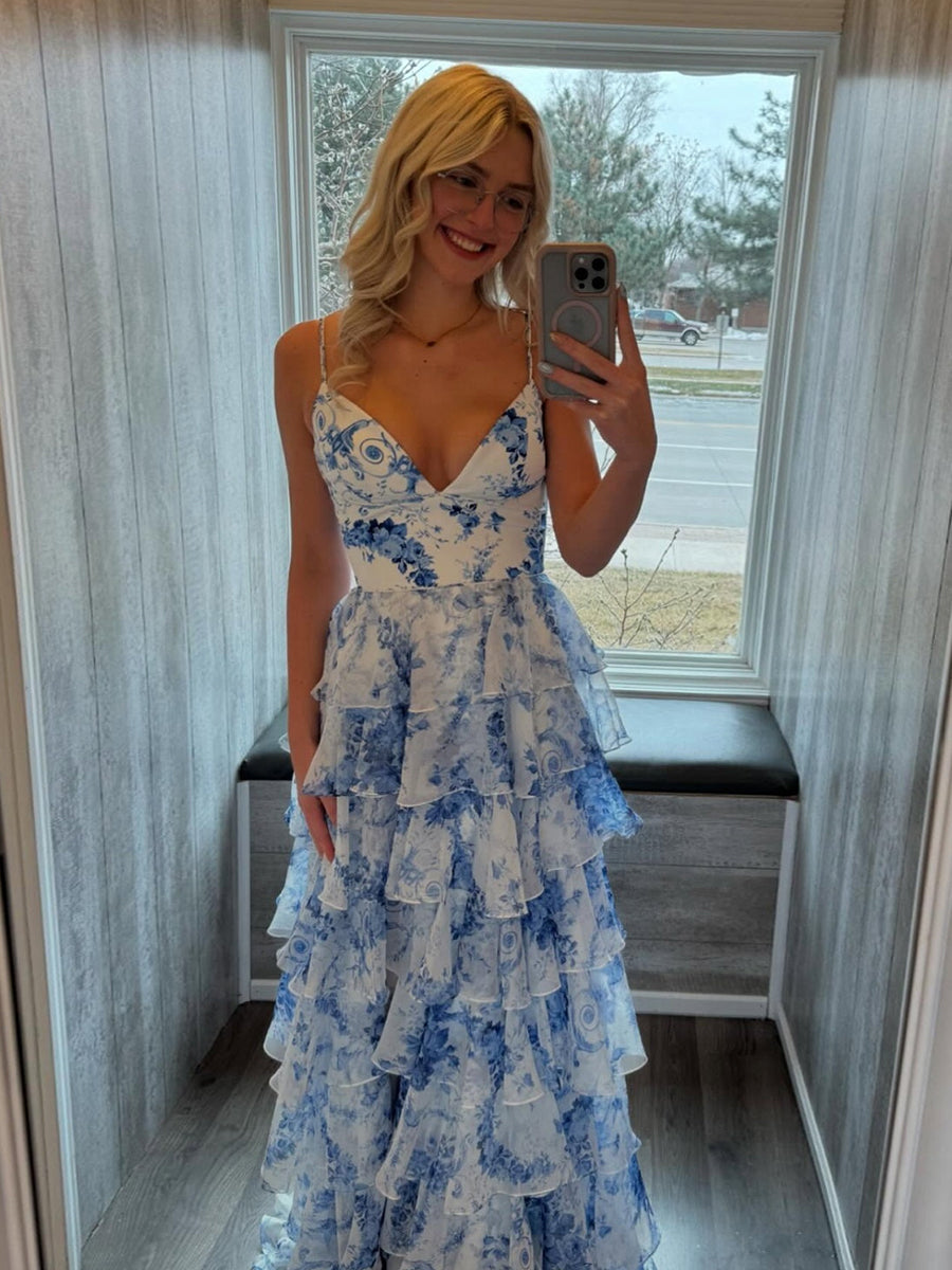 Dreamylily Prom Dress Blue Floral V Neck Tiered Ruffle A-Line Evening Gown