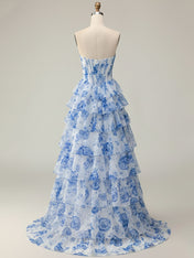 Blue Flower A Line Sweetheart Sequins Tiered Corset Long Prom Dress with Slit