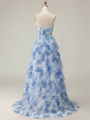 Blue Flower A Line Sweetheart Sequins Tiered Corset Long Prom Dress with Slit