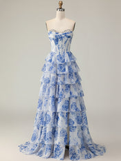 Blue Flower A Line Sweetheart Sequins Tiered Corset Long Prom Dress with Slit