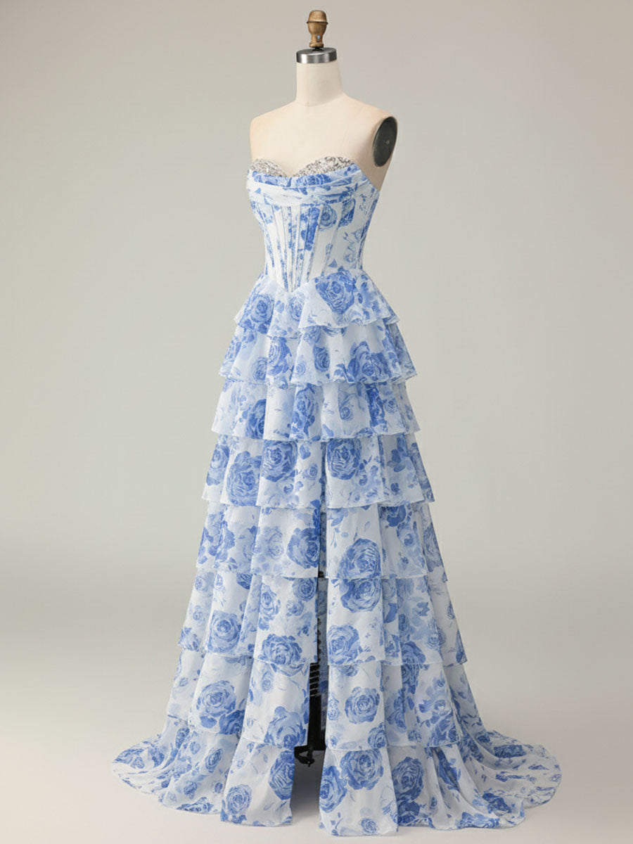 Blue Flower A Line Sweetheart Sequins Tiered Corset Long Prom Dress with Slit
