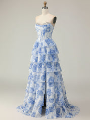 Blue Flower A Line Sweetheart Sequins Tiered Corset Long Prom Dress with Slit