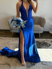 Blue Halter Neck High Slit Prom Dress with Lace Corset Bodice