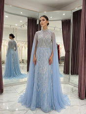 Blue High-Neck Beaded Cape Long Evening Gown