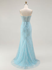 Blue Mermaid Spaghetti Straps Beaded Long Prom Dress with Slit