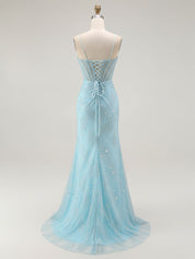 Blue Mermaid Spaghetti Straps Beaded Long Prom Dress with Slit