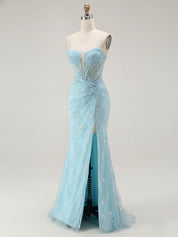 Blue Mermaid Spaghetti Straps Beaded Long Prom Dress with Slit