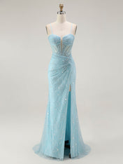 Blue Mermaid Spaghetti Straps Beaded Long Prom Dress with Slit